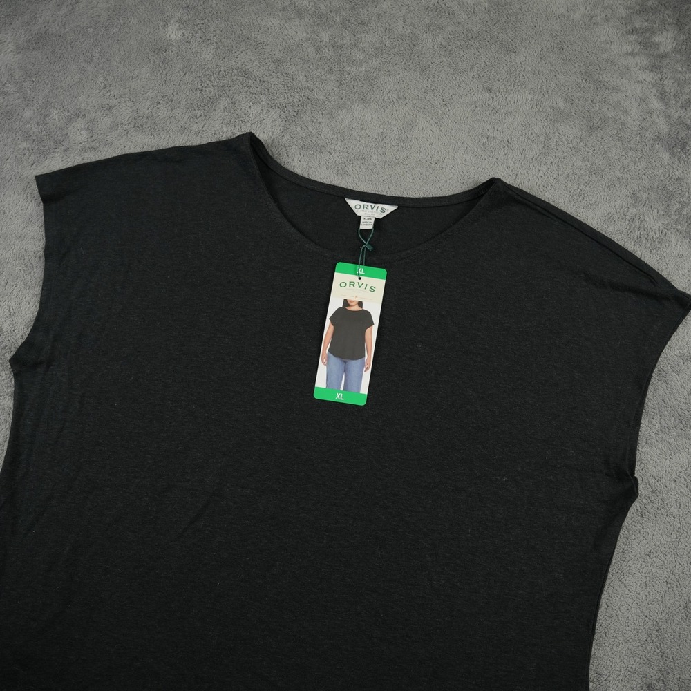 Orvis Womens XL Black Linen Blend Scoop Neck‎ Short Sleeve Curved Hem Tee